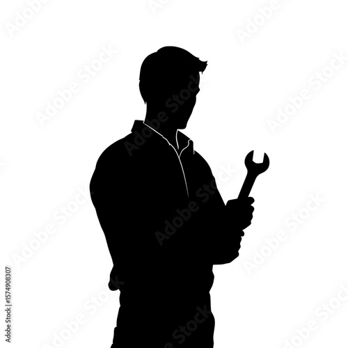 Silhouette of a man holding a wrench in his hand posing for a portrait in a front view style shot