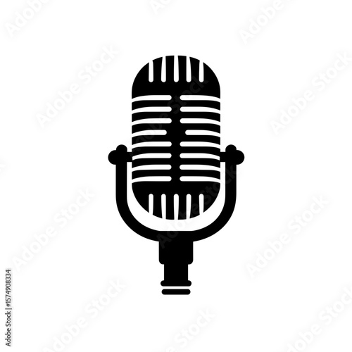Illustration of a classic microphone with horizontal lines and stand design isolated clearly visible