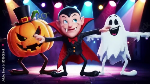 Animated halloween characters dancing with pumpkin, dracula, and ghost on a colorful stage. concept of spooky celebration, festive fun, cartoon monster party