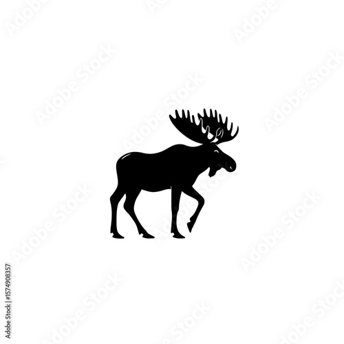 Silhouette of a moose with large antlers walking gracefully across a pristine plane view image here