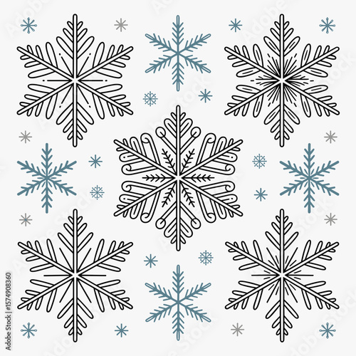 intricate snowflake sticker set with silver and blue accents on white background – ideal for festive decorations