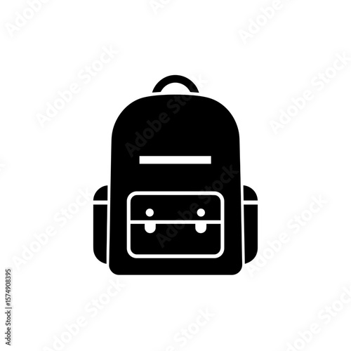 Illustration of a stylized backpack with pockets and a handle at the top center view isolated