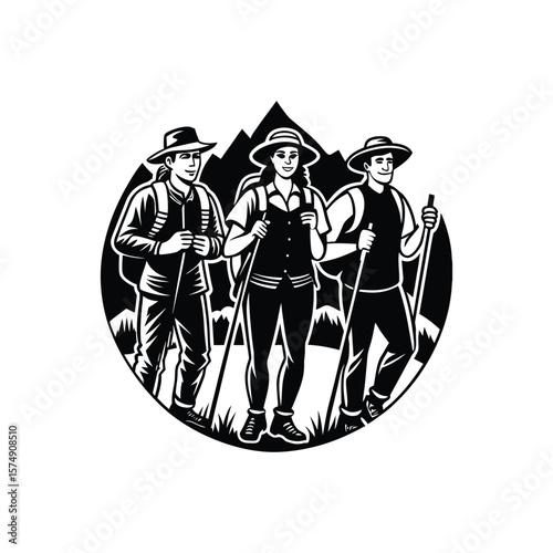 Black and White Vector Illustration of Hikers in Mountains – Outdoor Adventure and Trekking Concept