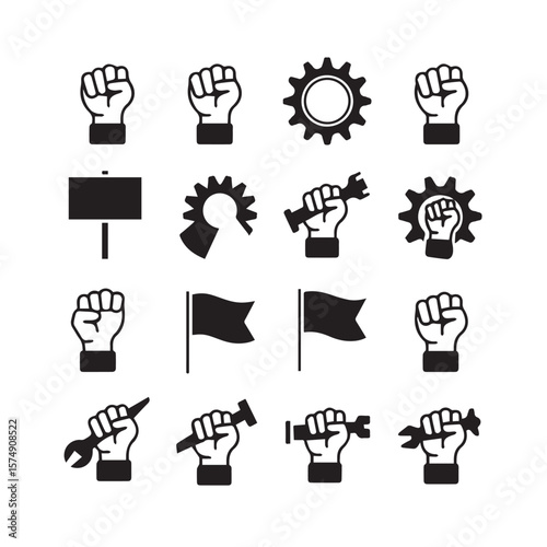A powerful set of icons symbolizing protest and labor, featuring raised fists, gears, tools, flags, and protest signs
