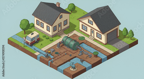 Isometric Illustration of Residential Wastewater Treatment System