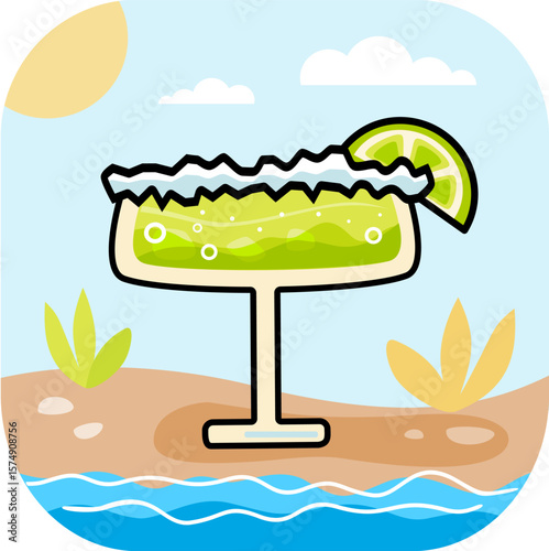Lime margarita long drink on a tropical beach flat vector illustration