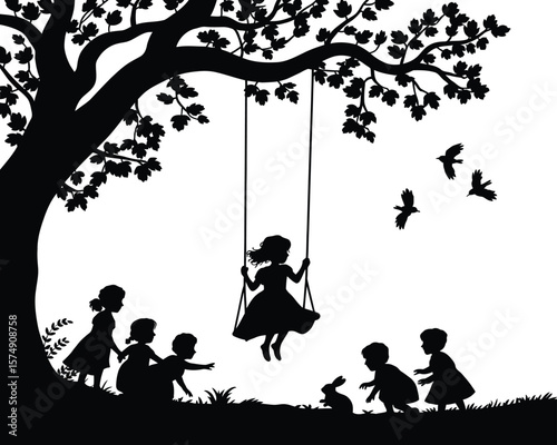Black silhouette of a child swinging on a swing set in profile view

