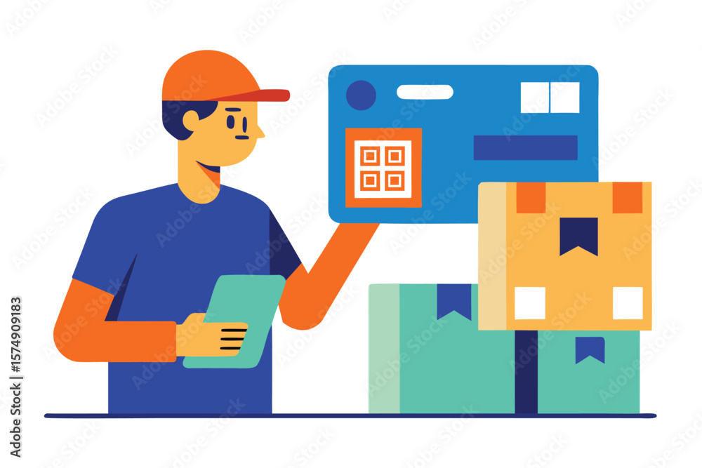Courier scanning qr code on parcel with boxes vector Courier scanning qr code on parcel with boxes vector