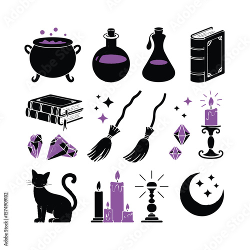 A mystical collection of witchy elements, including a cauldron, spell books, crystals, and a black cat