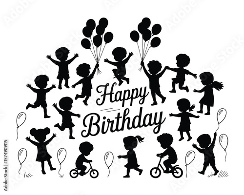 Black and white silhouette illustration of thirteen children playing with balloons, bikes, and scooters