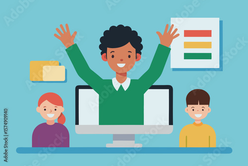 Cheerful teacher and students participate in online quiz virtual classroom education