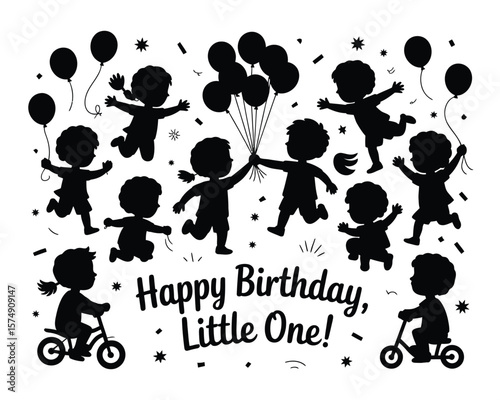Minimalist vector of kids in dynamic poses riding bicycles, scooting, and holding balloon clusters




