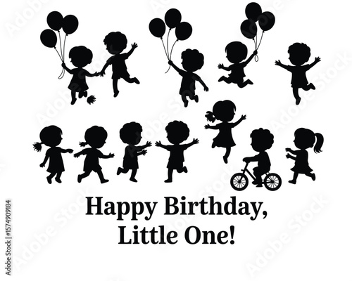 Scattered arrangement of playful children silhouettes showing jumping, running, and outdoor fun



