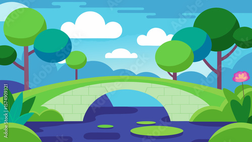 Vibrant summer landscape vector with green trees, a clear blue sky, and a colorful rainbow over rolling hills