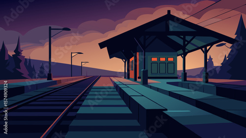 Architectural lights illuminate the wooden pier at sunset, casting a glow on the city's sky and a nearby train on the concrete bridge