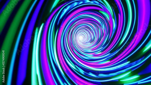 A vibrant, swirling tunnel of blue, purple, and green lights, creating a hypnotic and dynamic vortex effect toward a bright center.