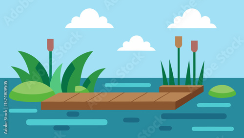 Tropical eco-resort vector illustration with sky, sea, green trees, and sun-drenched beach landscape