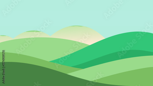 Green rolling hills under a blue summer sky with distant mountains and a vibrant meadow, perfect for a nature illustration