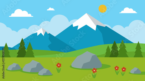 Summer camping in the green mountain landscape with a tent by the lake, under a blue sky with clouds