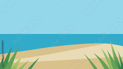Sun-kissed grass and sand dunes meet the tropical blue ocean, creating a serene coastal landscape for a perfect summer vacation