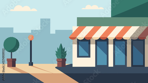 Modern vector illustration of a city street with a shop, cafe, and restaurant facade, featuring windows and a door, capturing the bustling business design of a town market