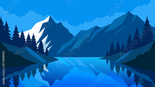Snow-capped mountains reflect in a serene winter lake, nestled in a breathtaking alpine landscape under a cloudy sky