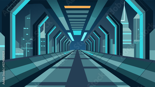 Abstract blue futuristic tunnel corridor with light lines on the floor