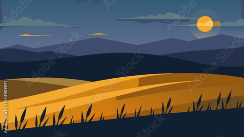 Vector illustration of a desert landscape at sunset with mountains and a lone tree