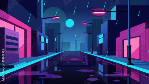City night street with urban buildings, illuminated windows, and a moonlit sky