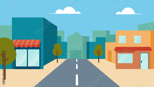 City street scene with cartoon buildings, urban landscape, and a bright sky