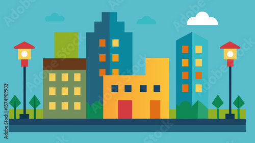 An urban vector illustration depicts a vibrant city street scene with diverse architecture, green spaces, and a clear sky, capturing the bustling town landscape