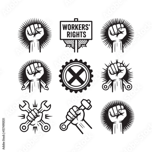 A collection of black and white icons symbolizing workers rights, labor movements, and social activism with fists and tools