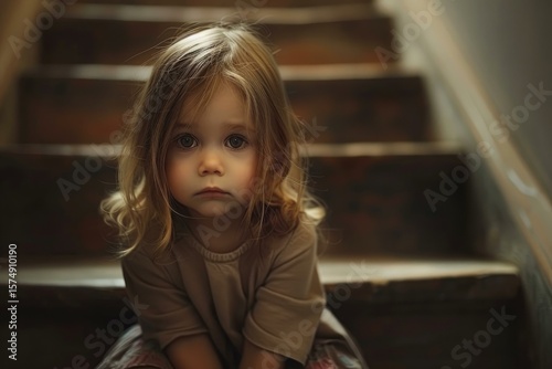 Wallpaper Mural Portrait of a pensive child sitting on wooden stairs, conveying a sense of childhood introspection Torontodigital.ca