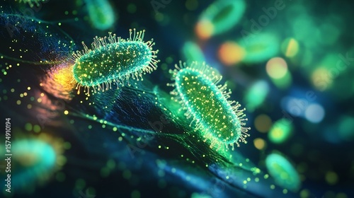 A vibrant and detailed close-up of microscopic bacteria, showcasing intricate structures and glowing elements, representing the fascinating world of microbiology and its complexiti