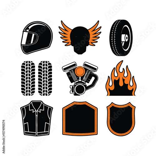 A powerful collection of biker culture symbols, featuring a motorcycle engine, helmet, tires, flames, and a winged skull for a bold statement
