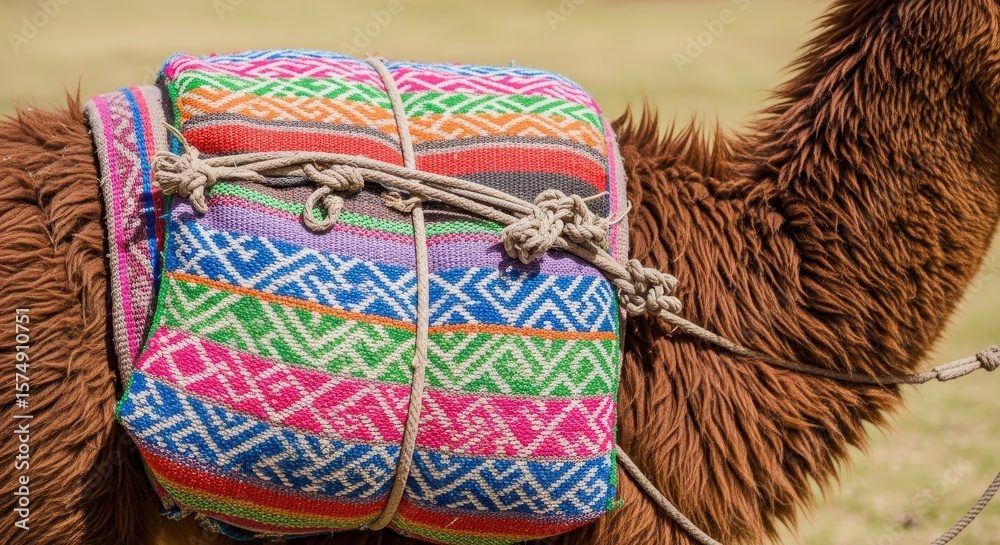 Obraz premium Colorful woven saddle blanket on a brown camel, showcasing traditional textile patterns and tied securely with ropes.