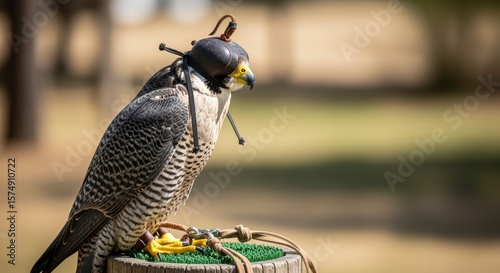 A falcon perched on a wooden stand with jesses, ready for falconry in a natural outdoor setting.