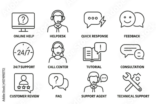 Thin Line Set of Customer Service and Support Outline Icon Collection includes icons like Online Help, Helpdesk, Quick Response, Feedback, and many others in a simple web icons set
