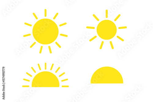 Icon set of yellow sun, including sunshine, solar glow, sunrise, and sunset, featuring decorative full and half sun circles and sunlight, representing hot solar energy for a tan, available as a