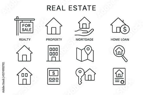 A minimal thin line web icon set for Real Estate is included, featuring icons such as realty, property, mortgage, home loan, and others, all in a simple outline vector illustration