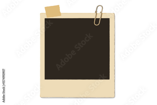 Vector illustration of a realistic empty photo card frame, complete with a retro vintage photograph, transparent adhesive tape, and a paper clip, serving as a digital snapshot image and template or