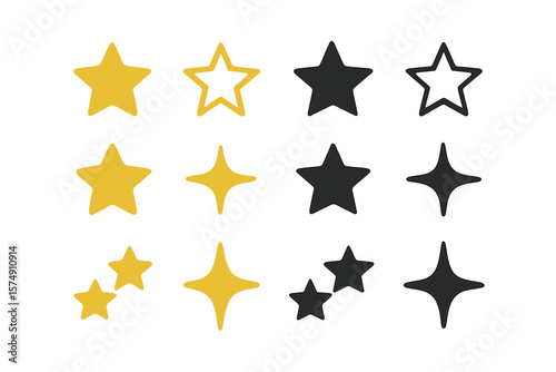 A set of golden and black star vector icons, including a star icon, in modern simple flat style, isolated on a transparent background