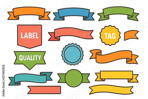 A set of colorful vector ribbon banners, including labels, tags, and quality badges, are featured in a modern simple flat design, isolated on a white background