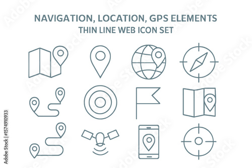 A set of thin line web icons for navigation, location, and GPS elements, presented as a collection of outline icons in a simple vector illustration
