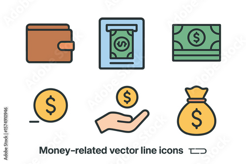 A collection of vector line icons related to money is provided, including images of a wallet, ATM, a bundle of money, a hand holding a coin, and others, all with editable strokes and available in