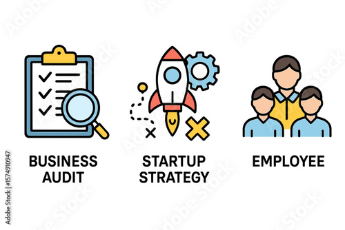Collection of icons for business audit, startup strategy, and employee management, including teamwork and organizational algorithms, in a vector format