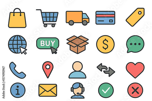 Modern UI Kit features a comprehensive set of shopping and ecommerce icons, including shopping bags, buy carts, delivery, payment, contact us, map locations, users, arrows, online assistants, and