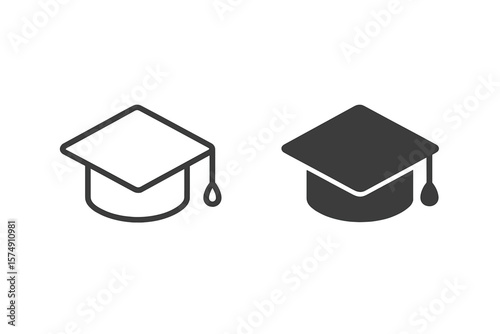 Icon of a graduation cap, available in line, glyph, outline, and filled vector versions, representing an academic cap in linear and full pictogram styles, serving as an education symbol and logo