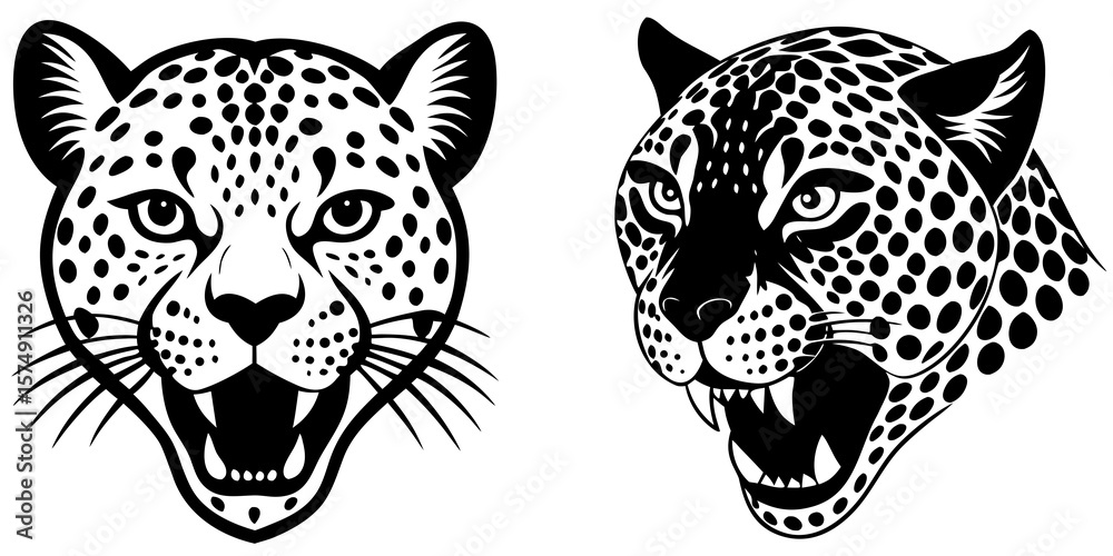 Obraz premium Two striking black and white vector illustrations of leopard heads with open mouths