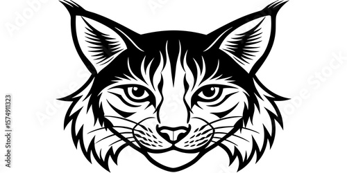 Stylized black and white illustration of a fierce bobcat head
